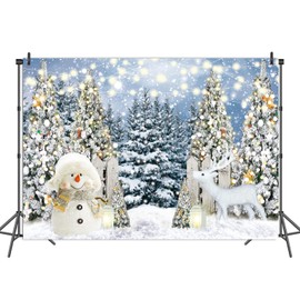 INRUI Glitter Christmas Pine Tree Snowman Photography Background Winter Snowflake White Elk Party Decoration Christmas Snowy Forest Birthday Backdrop (8x6FT)