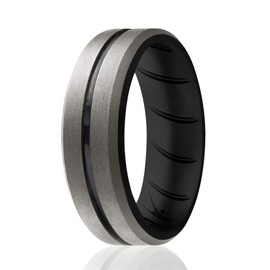 ROQ Silicone Rings, Breathable Silicone Rubber Wedding Ring Band for Men with Comfort-Fit Design, 8mm Engraved Middle Line, Silicone Wedding Ring - Black, Beveled Metallic Platinum Colors - Size 16