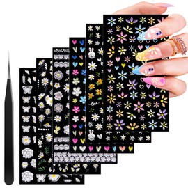 6 Sheets 5D Flower Nail Art Stickers with Tweezer Embossed Colorful Daisy Butterfly Nail Decals Pegatinas Uñas Self Adhesive Lace Floral 3D Nail Accessories for Women Girls Manicure Decoration