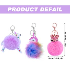 3 Pieces Animal Keychain Cute Fluffy Key Ring Unicorn Keychain for Women Bag Accessories