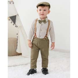Amissz Baby Boy Gentleman Clothes Suit Infant Formal Long Sleeve Tuxedo Romper Jumpsuit + Suspender Pants + Beret Hat 3pcs Green, 0-3 months