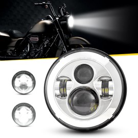 Dot Approved 7Inch Chrome LED Headlight Compatible with Haley Motorcycle Tour,FLD,Softail Heritage,Street Glide,Road King,Electra Glide,Yamaha V-Star Road Star Wrangler