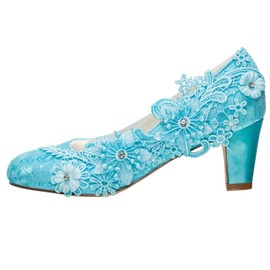 Emily Bridal 1505-1B Zapatos de boda para mujer con puntera cerrada de 2.56 pulgadas, tacón grueso de encaje de satén con diamantes de imitación, zapatos de novia, cian-azul, 9.5 US