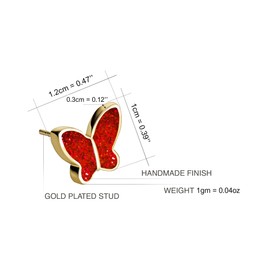 Handmade Small Sparkly Butterfly Stud Earrings for Women (Red Gold)
