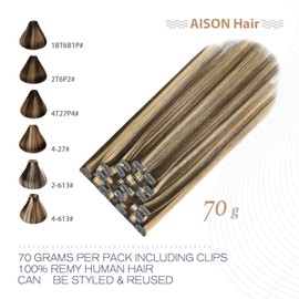 Aison Caramel Clip in Hair Extensions 70G Highlight Chocolate Brown to Caramel Blonde 100% Remy Human Hair Soft Silky Straight for Fashion Women 7pcs 16clips One Pack (12 Inch #4P27)