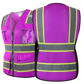 HATAUNKI Reflective Safety Vest for Women Mesh High Visibility Vest with 8 Pockets and Front Zipper High Vis Vest Work Vests Meets ANSI/ISEA Standards(Purple-16, Large)