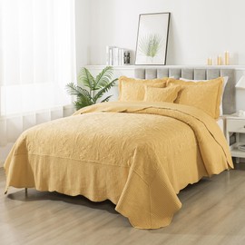 HoneiLife California King Quilt - Oversized King Bedspreads 128x120, 4-Piece Cal King Quilt Sets,Rustic Bedding Sets King Size,Reversible Coverlets Lightweight Bed Cover for All Season Use-Yellow
