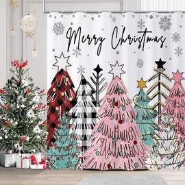 Caheansi Merry Christmas Shower Curtain, Colorful Buffalo Check Plaid Xmas Tree Winter New Year Holiday Bathroom Curtain Waterproof Fabric Machine Washable with Hooks, 72" Wx72 L