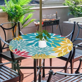 Colorful Flower Round Outdoor Tablecloths with Umbrella Hole Flower mandala Circle Fitted Table Cloth with Elastic Zippered Tablecloth 45"-56" Waterproof Table Cloth Round Table Cover for Patio