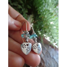 ๑ஐ•✿ GEBLÜMTES SILBER HERZ & WASSERBLAUER STEIN ✿•ஐ๑ OHRRINGE MIT LANGEN HAKEN, Muttertag, Geschenk