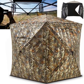 PHYSKE Hunting Blind with Double Doors, Ground Blind See Through, Portable 2-3 Person, 270 Degree Pop-up Hunting Blind, Camouflage Hunting Blind for Deer & Turkey Hunting(Standard)