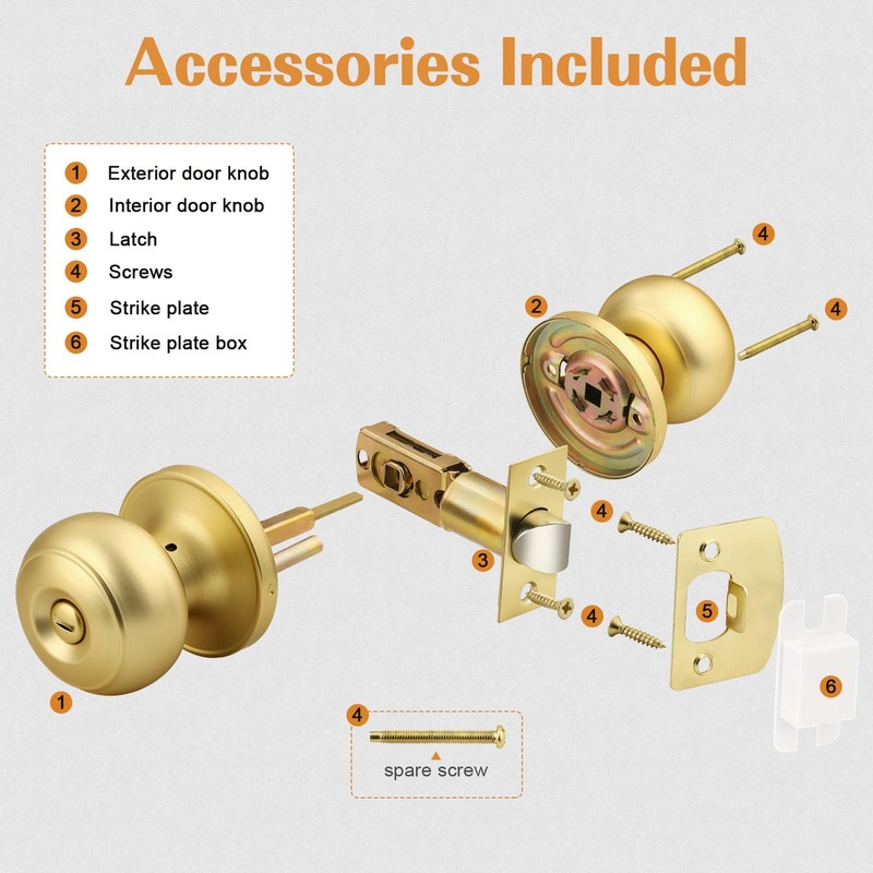 Probrico Brushed Brass Bed/Bath Knobs Keyless Privacy Interior Doors Locksets,