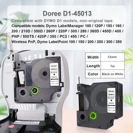 Doree Label Tape 45013, 12 mm x 7 m, Black on White, Compatible with Dymo D1, Water and UV-Resistant Plastic, 45013 Compatible with Dymo LabelManager 160 210D 280 360D 420P PnP 500TS (Pack of 6)