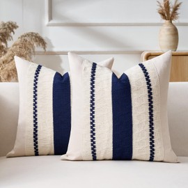 Aisybaklyn Boho Decorative Cushion Cover, 45 x 45 cm, Decorative Sofa Cushion Covers, Modern Cotton Blue Braided Decorative Cushion, Couch Cushion Cover for Farmhouse, Garden, Sofa Bed, Couch Cushion, Set of 2