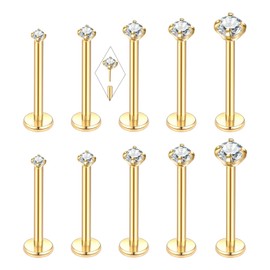 Oveta Threadless Labret Jewelry 16G Long Bar 12 mm Labret Medusa Monroe Ashely Piercing Lip Jewerly, Gold Lip Rings for Women, 10 Pcs