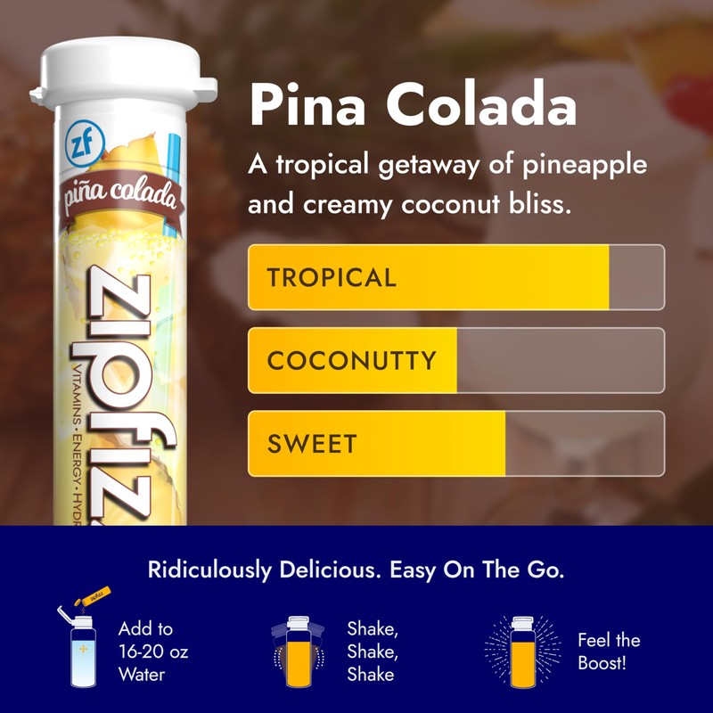 Zipfizz Daily Energy Drink Powder, Pina Colada, 20 Pack |