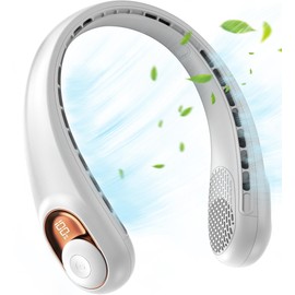 JIAGE Neck Fan, Portable Neck Fan Rechargeable, 5200mAh Battery Operated, LED Display, 360-Degree Cooling, 3 Speeds, Quite, Bladeless Design Neck Fans, Personal Neck Cooler, White