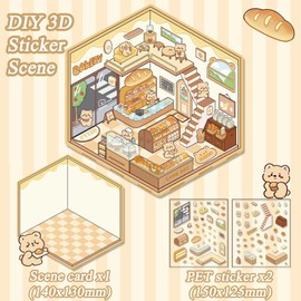 DIY 3D House Stickers 4 Sets 3D Cartoon Miniature Scene Stickers, House Scene Stickers, Build Your Own Home. Suitable for Boys and Girls to Relieve Stress, with 1 Tweezers