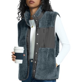 Rapbin Puffer Vests for Women 2025 Trendy Stand Collar Fuzzy Vests Outdoor Button Down Lightweight Sleeveless Jackets, Grey, XL