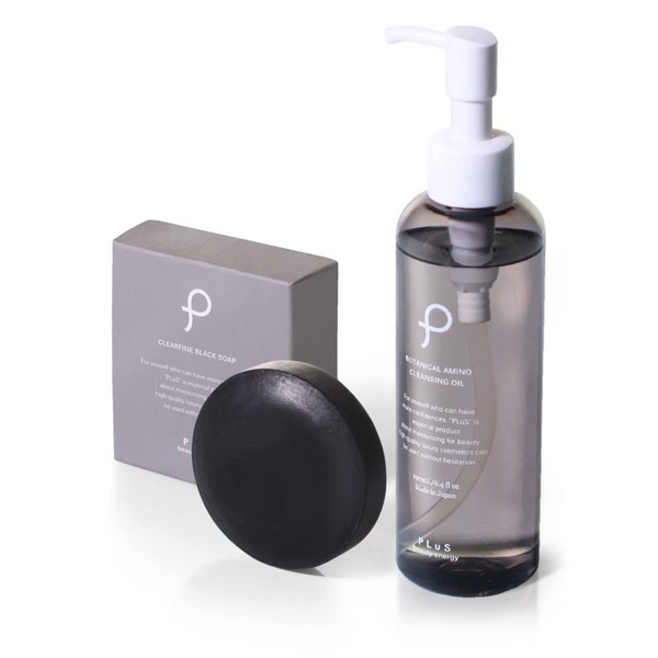 PLuS Clear Fine Black Soap, Solid Type, 3.2 oz (90 g) + Cleansing Oil, 6.7 fl oz (190 ml), Charcoal, Facial Cleanser, Pore Care, Blackhead, Square Stopper (Orange Scent)