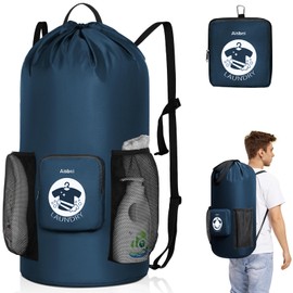 Aisbei 100L Foldable Laundry Bag Backpack with Chest Straps-Large Travel Laundry Bag for Dirty Clothes-Laundry Hamper Bag for College Apartment Laundromat Dorm Room Camping Essentials（Blue）