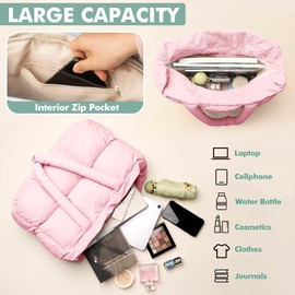 CarryWise Puffer Tote Bag for Women, Large Quilted Puffy Handbag Lightweight Satchel Purse for Work Travel Gym Shop, Pink, Large