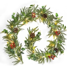 Brightown Christmas Garland with Lights, 6 Ft LED Battery Operated Christmas Lights with Pine Cones, Berry, Eucalyptus Leaves, Indoor Christmas Decorations for Stairs Fireplace Door, 2 Pack