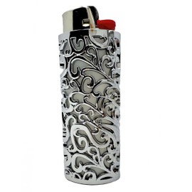 Metal Lighter Case Compatible BIC Standard J6 - Durable Lighter Cover and Holder Pouch for BIC Lighters, Flowing Curves Ornate Design in Silver or Black