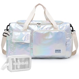 Small Gym Bag for Women, Travel Duffle Bag Carry On Weekender Bag with Shoe Compartment, Z6#Beige Shinny, Gym Bag&toiletry Bag
