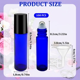 Hzmssore 100 Pcs Essential Oil Roller Bottles - 10ml Empty Glass Bottles with Stainless Steel Roller Ball Protection, Leakproof for Travel, Blue