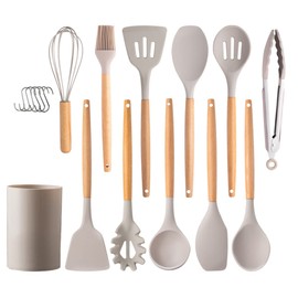 hiino kano Kitchen Tools Set, Cookware, 12-piece Set, Living Alone, Kitchen Utensils, New Housewarming, Mother's Day Gift, Heat Resistant, Durable, Wooden Handle, Suitable for Japanese, Western, and Chinese Cuisine, Antibacterial, Non-Scratch, Spatula, L