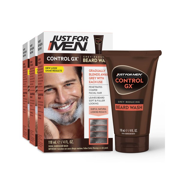 Just For Men Control GX Grey Reducing Beard Wash Shampoo, Gradually Colors Mustache and Beard, Leaves Facial Hair Softer and Fuller, 4 Fl Oz - Pack of 3 (Packaging May Vary)