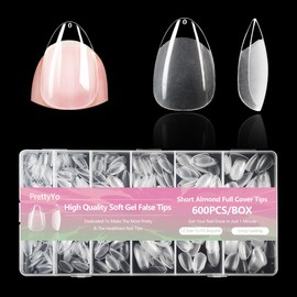 PrettyYo Short Almond Gel Nail Tips 600Pcs Half Matted Clear Fake Nail Tips Short Almond Shape 12 Sizes Full Cover Acrylic Press On Soft False Nails Gel x Nail Press Ons for DIY at Home