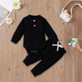QUINTRA Newborn Baby Girl Boy Fall Clothes 3 6 12 18 24 Months Outfits Long Sleeve Knitted Cotton Romper Pants Infant Winter Sets Sleeve Romper (Black, 18-24 Months)