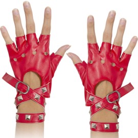Skeleteen Fingerless Faux Leather Gloves - Red Biker Punk Gloves with Belt Up Closure and Rivet Design for Women and Kids