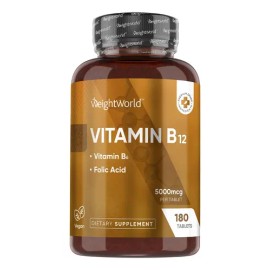 Vitamina B12 WeightWorld 5000 mcg Vegana con B6 y Ácido Fólico 180 Tabletas