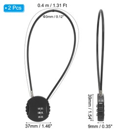 PATIKIL 2 Pack 3 Digit Combination Lock,Round Helmet Padlock Cable Lock Gym Locker Lock with 1.31Ft Flexible Security Steel Lock Wire for Bike Locker Travel Luggage, Black