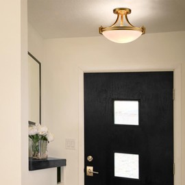 SAMTEEN Modern Brass Semi Flush Mount Ceiling Light 3-Light Mid Century Gold Flush Mount Light Milk Glass Ceiling Light Fixtures for Hallway Bedroom Foyer Kitchen