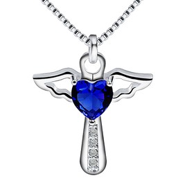 Ckysee Silver Plated Angel Birthstone Necklace,Cubic Zirconia Cross Necklace for Women,First Communion Baptism Gifts (September- Sapphire)