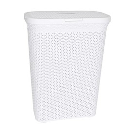 YBM Home Plastic Rattan Laundry Hamper Basket with Hinged Lid, Ventilation Holes, Durable, Lightweight Bin With Cutout Handles, Storage Dirty Clothes, Space Saver, 10.5" x 17.5" x 23.75", White