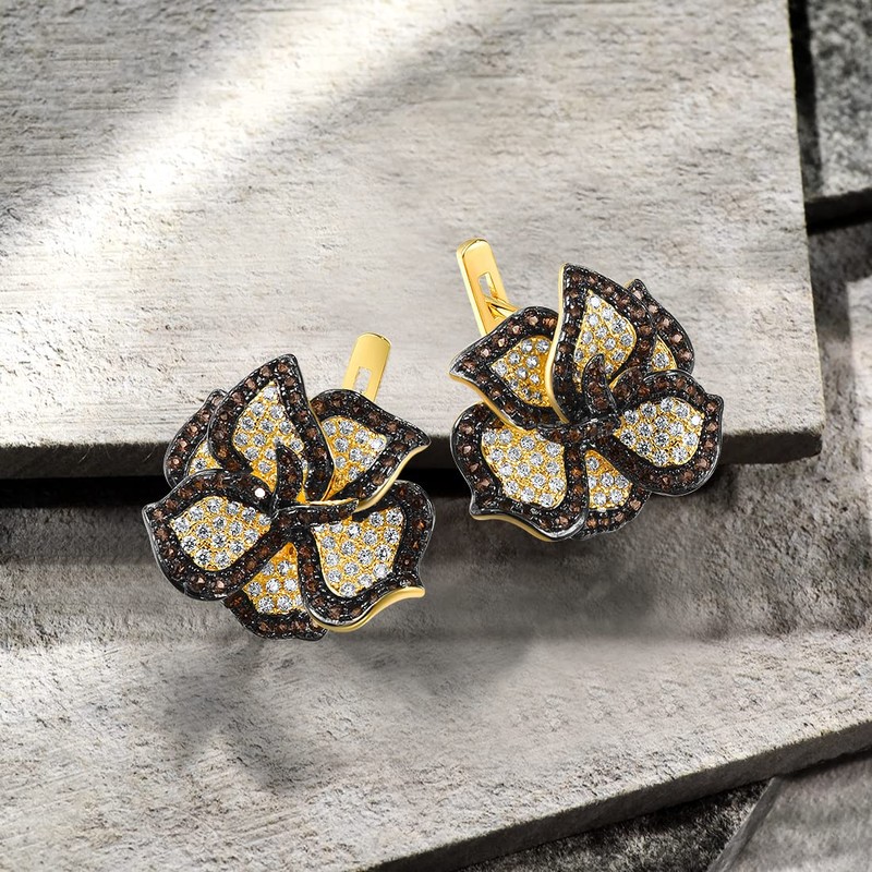 Santuzza 925 Sterling Silver Brown Gemstone Peony Earrings Brown Spinel