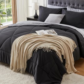 BEDELITE Queen Comforter Set 7 Pieces Bed in A Bag - Soft Queen, Black