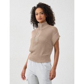 HOCANDY Womens Crochet Sweater Vest Oversized Quarter Zip Cap Sleeve Tops Lapel Collar Lightweight Hollow Out Knit Pullover Khaki