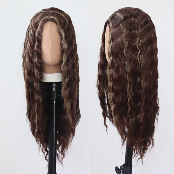 Towarm Deep Wave Reddish Brown Wig Long Wavy Highlight Blonde
