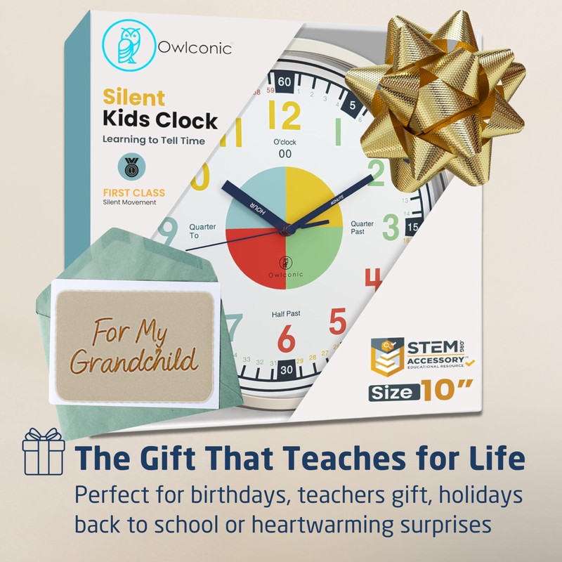 OWLCONIC Non Ticking Analog Clock for Kids Learning to Tell