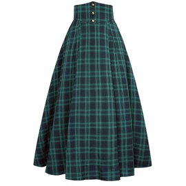 SCARLET DARKNESS Women's Victorian Plaid Maxi Skirt Elastic High Waist A-line Medieval Costume Skirt, Green plaid
