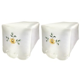 Floral Square Arm Cap Pair Embroidered Yellow Flower Scalloped Edge Sofa Settee Chair Protector