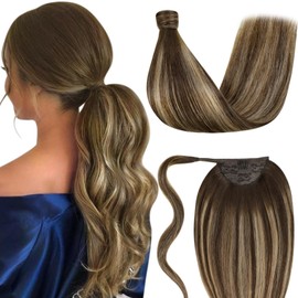 LaaVoo Pony Tails Hair Extensions Human Hair Balayage Brown to Caramel Blonde Hair Ponytail Extensions for Women Brown Balayage Wrap Around Ponytail Extensions Human Hair 18 Inch 80g