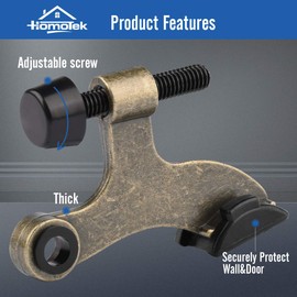 HOMOTEK 2 Pack Hinge Pin Antique Brass Door Stopper, Adjustable Deluxe Heavy Duty Door Stopper 2-1/2"x1-3/4”, with Black Rubber Bumper Tips