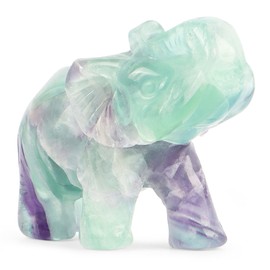 SMQ 2.0" Rainbow Fluorite Crystal Elephant Statue Hand Carved Natural Gemstone Good Lucky Elephant Figurines Collectible Healing Crystals for Home Decor Gifts